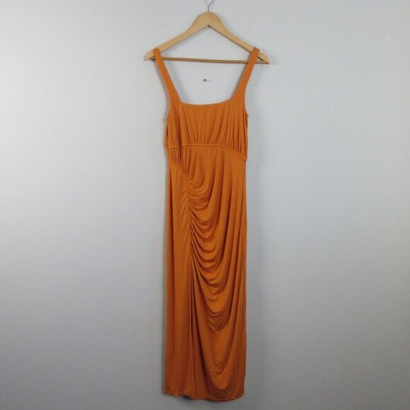 House of Harlow 1960 Mirtha Midi Dress S Orange Rayon Ruched Stretch Party 402 - Picture 1 of 12